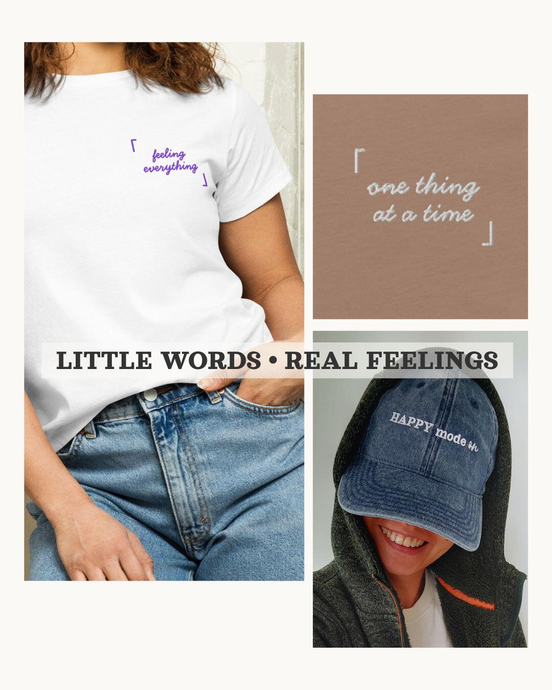 Mood Muse & Me - minimalist apparel inspired by everyday feelings The girl on the left wearing minimalist slogan cap styled for everyday wear. Lady in the middle wearing statement t-shirt with bold slogan. Woman on the right wearing expressive graphic tee street style.